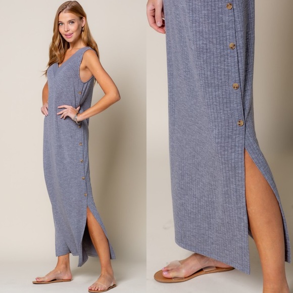 Fall Maxi Dress Gray Rib Knit Side Slit Dress Stretchy Casual Long Dress - Picture 2 of 7
